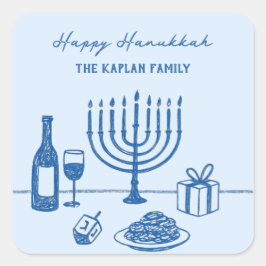 Whimsical Hand Drawn Hanukkah Party Trendy Custom Quadratischer Aufkleber