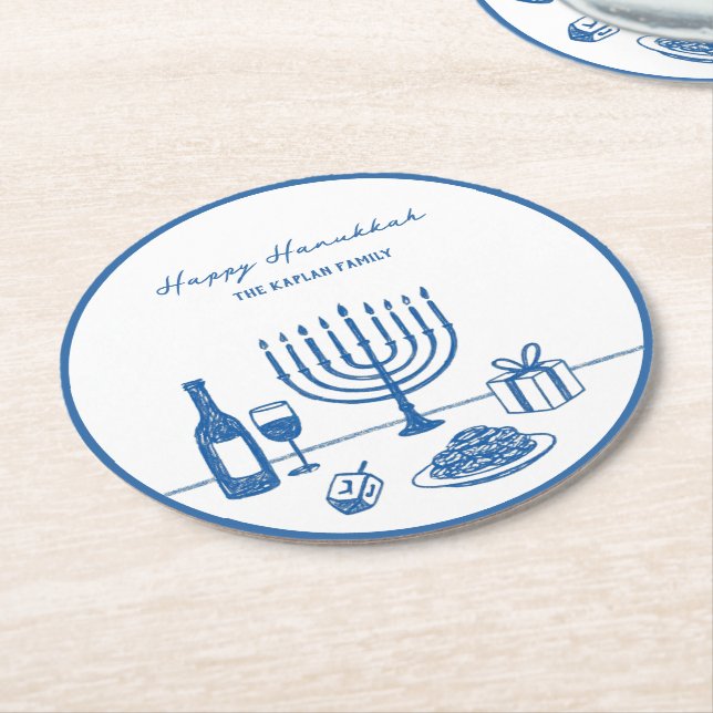 Whimsical Hand Drawn Hanukkah Party Trendy Custom Runder Pappuntersetzer (Angewinkelt)