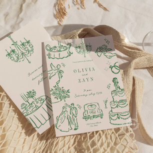 Whimsical Hand Drawn Hochzeit Einladung Grün