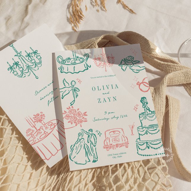 Whimsical Hand Drawn Hochzeit Einladung Türkis (Whimsical Hand Drawn Wedding Invitation Green Coral Pink)