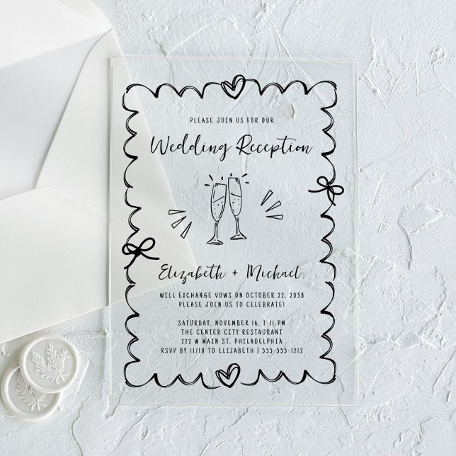 Whimsical Hand Drawn Hochzeitsempfang Acryleinladungen (Make your wedding reception unforgettable with stunning acrylic invitations—modern, elegant, unique!)