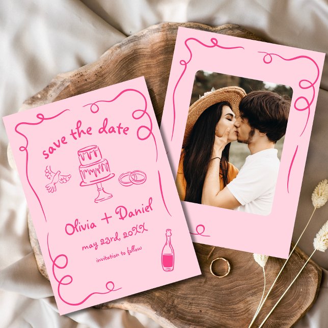 Whimsical Hand Drawn Hot Pink Wedding Foto Save The Date (Von Creator hochgeladen)