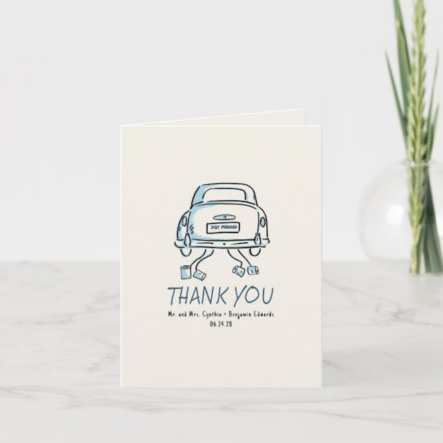 Whimsical Hand Drawn Just Married Car Hochzeit Dankeskarte (Vorderseite)