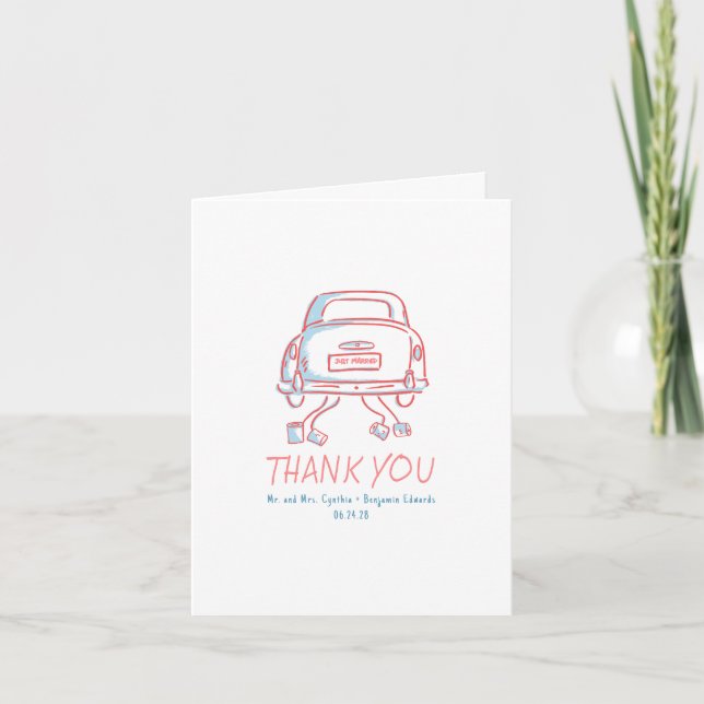 Whimsical Hand Drawn Just Married Car Hochzeit Dankeskarte (Vorderseite)