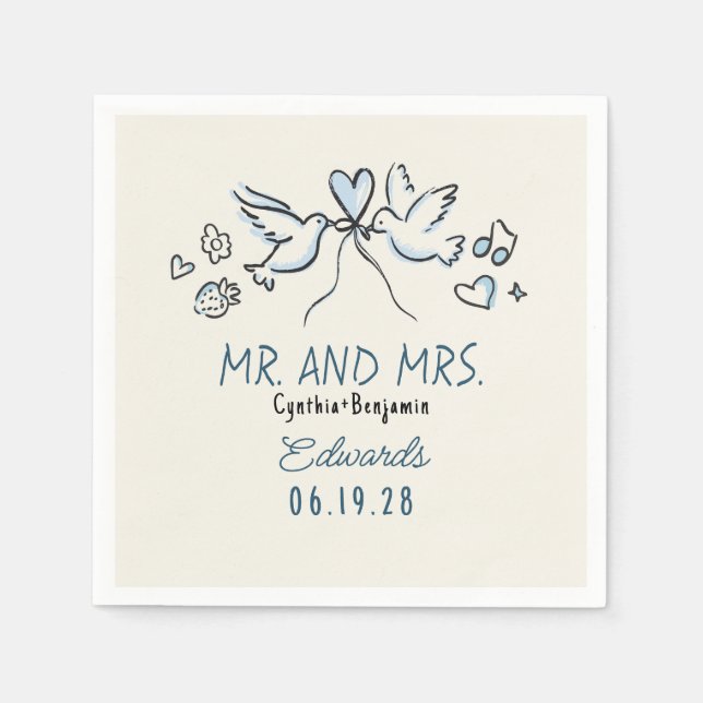 Whimsical Hand Drawn Love Birds Wedding Napkins Serviette (Vorderseite)