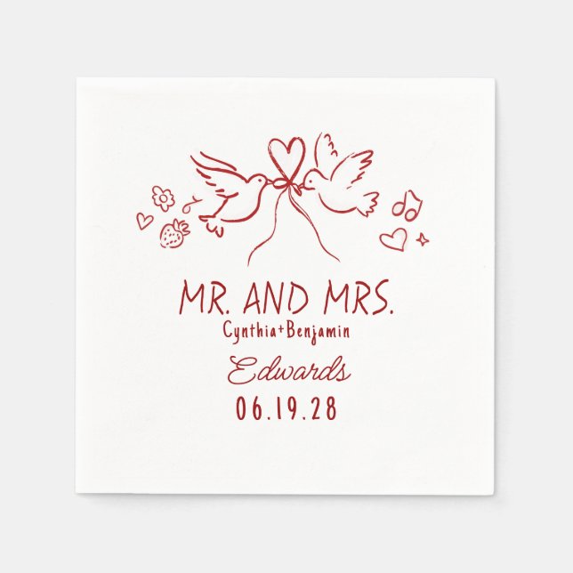 Whimsical Hand Drawn Love Birds Wedding Napkins Serviette (Vorderseite)