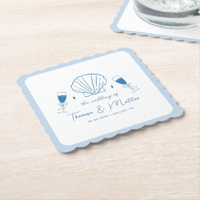 Whimsical Hand Drawn Nautical Coastal Hochzeit Untersetzer (angewinkelt)