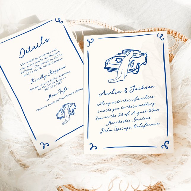 Whimsical Hand Drawn Navy Blue + Details Hochzeit Einladung (Von Creator hochgeladen)