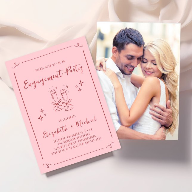 Whimsical Hand Drawn Pink Red Engagement Party Einladung (Von Creator hochgeladen)
