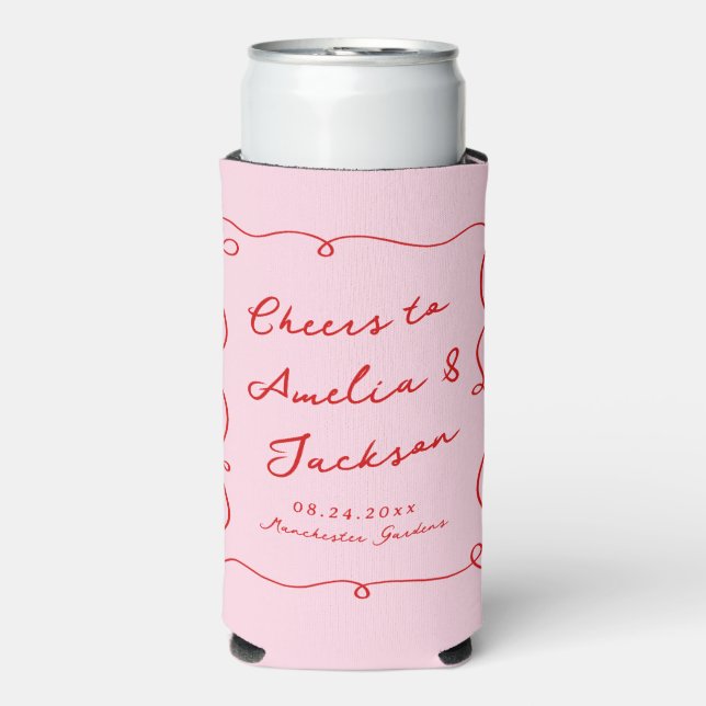 Whimsical Hand Drawn Pink & Red Wedding Selters Dosenkühler (Seltzer Vorderseite)