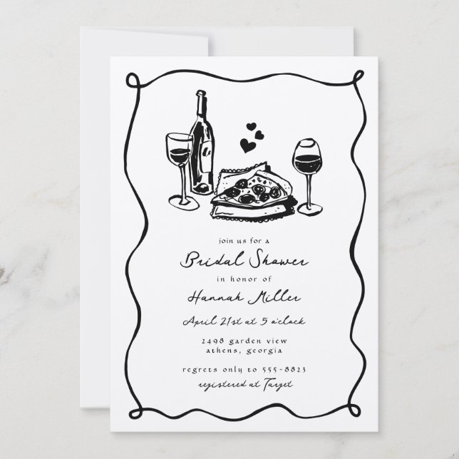 Whimsical Hand Drawn Pizza Wine Bridal Shower Einladung (Vorderseite)
