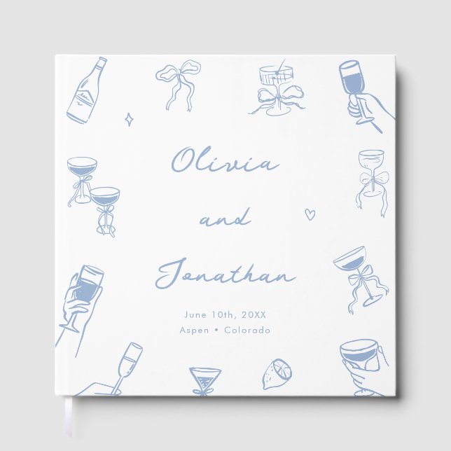Whimsical Hand Drawn Quirky Dusty Blue Wedding Gästebuch (Vorderseite)