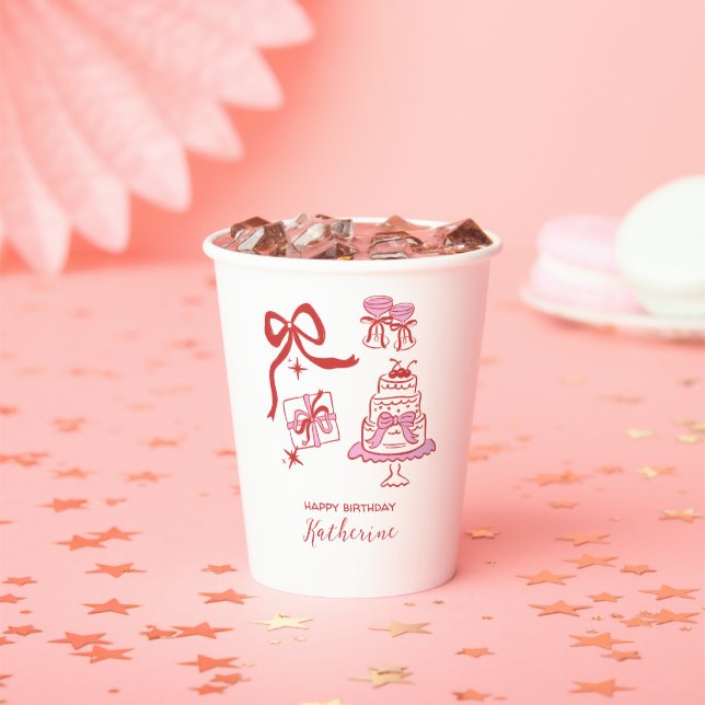 Whimsical Hand Drawn Red Pink Birthday Party Pappbecher (Insitu)