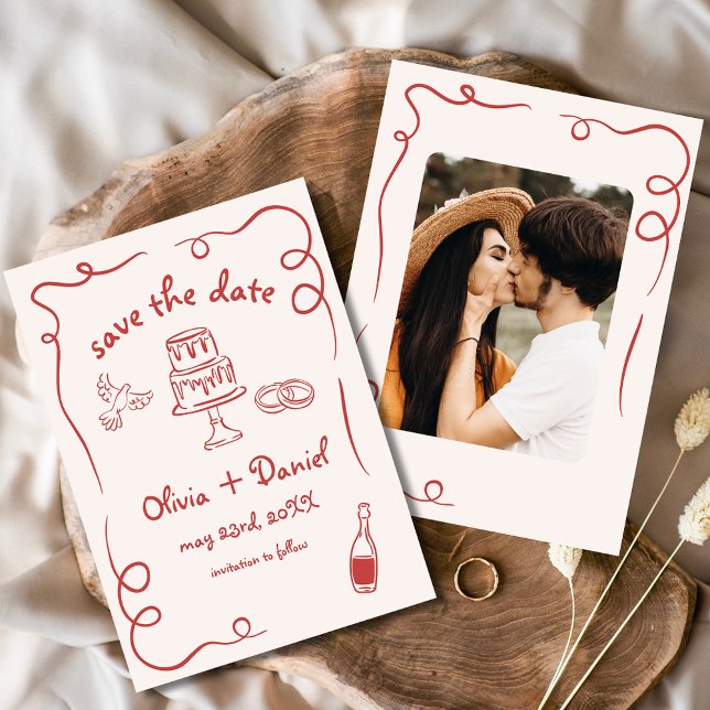 Whimsical Hand Drawn Red Wedding Foto Save The Date (Von Creator hochgeladen)