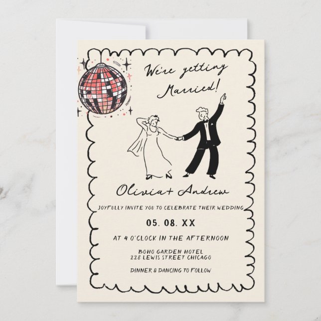 Whimsical Hand Drawn Retro Foto Funky Wedding Einladung (Vorderseite)