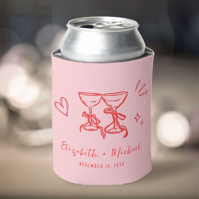 Whimsical Hand Drawn Romantic Pink Red Wedding Dosenkühler (Whimsical Hand Drawn Romantic Pink Red Wedding Can Cooler)