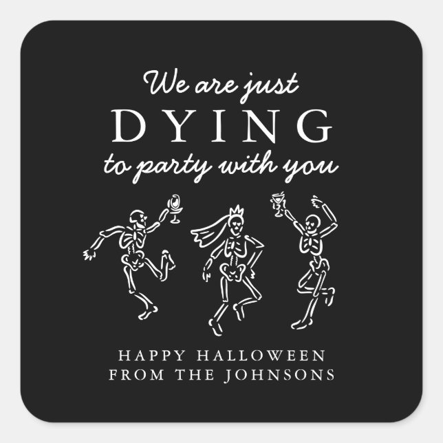 Whimsical Hand Drawn Skeletons Halloween Party Quadratischer Aufkleber (Vorderseite)