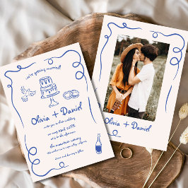 Whimsical Hand Drawn Vintages Foto Blue Wedding Einladung