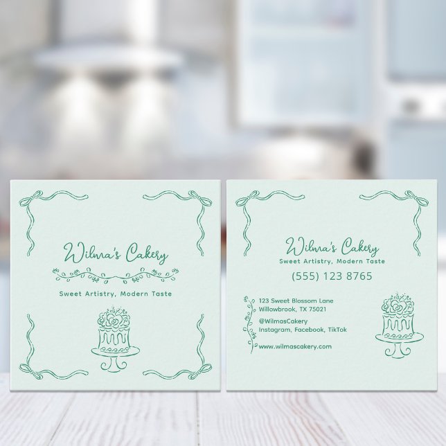 Whimsical Hand Drawn Wedding Cake Bakary Business Quadratische Visitenkarte (Von Creator hochgeladen)