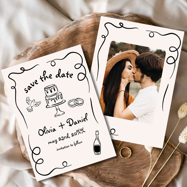 Whimsical Hand Drawn Wedding Foto Funky Save The Date (Von Creator hochgeladen)