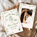 Whimsical Hand Drawn Wedding Foto Green Save The Date<br><div class="desc">Set den Ton für deine Hochzeit mit dieser skurril handgezeichnet Save the Date Fotokarte! Mit feinen, künstlerischen Details und einem personalisierten Foto verbindet dieses Design Kreativität und Charme. Die sanfte, elegante Typografie bereichert das romantische Thema, während die individuell anpassbaren Details dafür sorgen, dass es perfekt zu Ihrem besonderen Tag passt....</div>