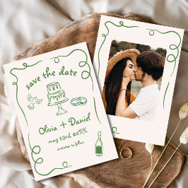 Whimsical Hand Drawn Wedding Foto Green Save The Date
