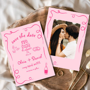 Whimsical Hand Drawn Wedding Foto Hot Pink Save The Date
