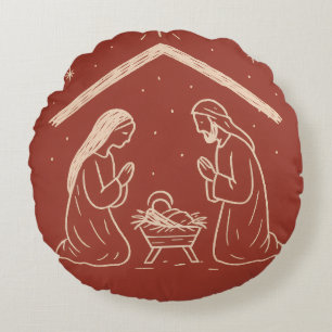 Whimsical Hand Gezeichnet Weihnachtskrippe Szene Rundes Kissen