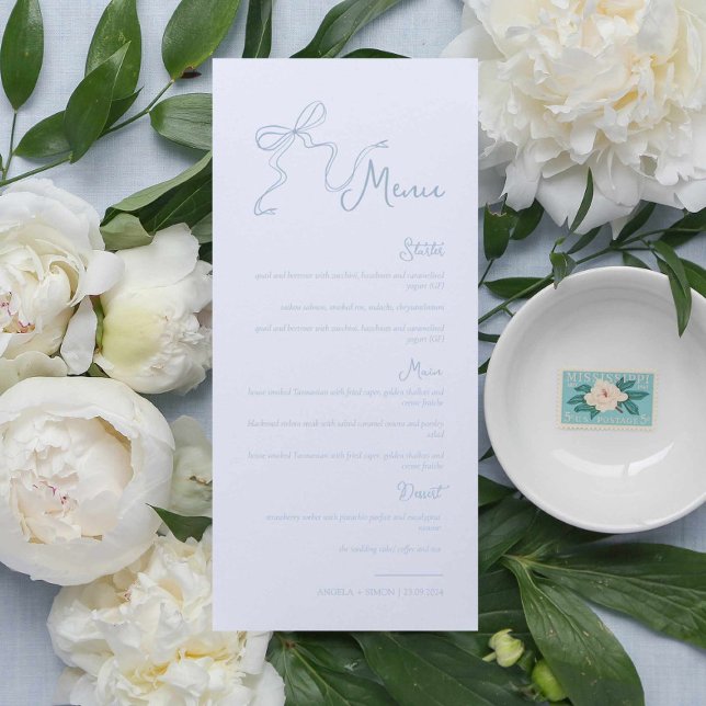 Whimsical Hand gezeichnete Bow Light Blue Wedding  Menükarte (Von Creator hochgeladen)