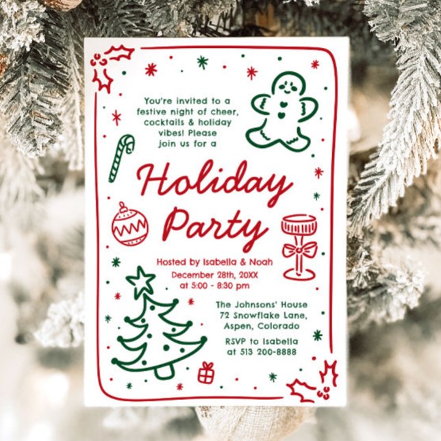 Whimsical Hand gezeichnete Weihnachtsfeier Einladung (Whimsical Hand Drawn Christmas Holiday Party Card)