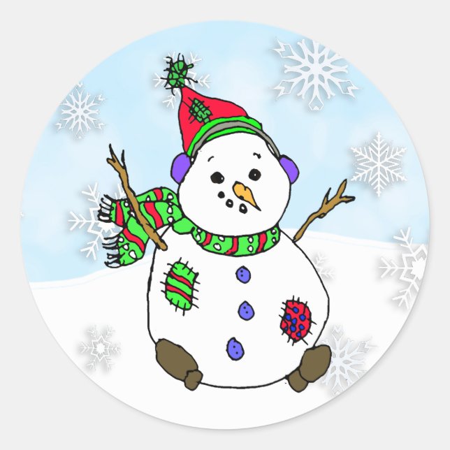 Whimsical Hand gezogen Snowman Runder Aufkleber (Vorderseite)