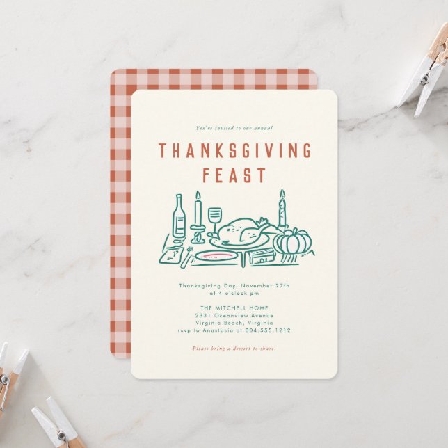 Whimsical Hand Illustriert Erntedank Dinner Einladung (Vorderseite/Rückseite Beispiel)