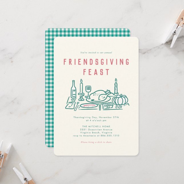Whimsical Hand Illustriert Friendsgiving Dinner Einladung (Vorderseite/Rückseite Beispiel)