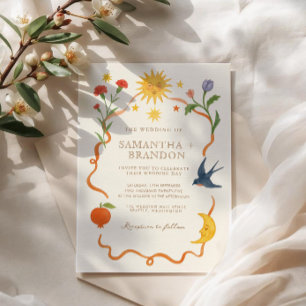 Whimsical handbemalt Celestial Folk Wedding Einladung