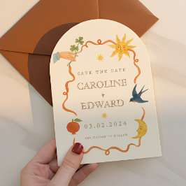 Whimsical handbemalt Celestial Folk Wedding Save The Date