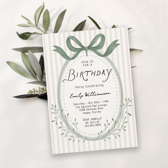 Whimsical Handdrawn Stripes Bow Frame Birthday Einladung (Available in both printed and instant download digital formats.)