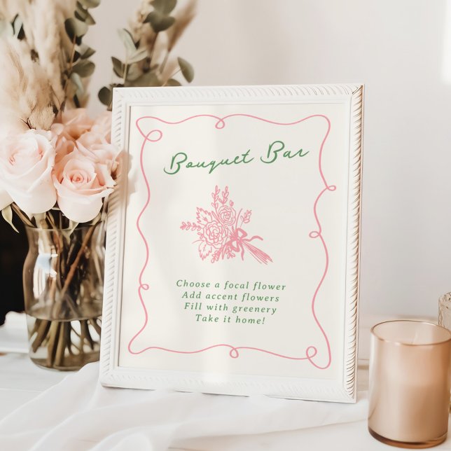 Whimsical Handgezeichnet Pink & Green Bouquet Bar Poster (Von Creator hochgeladen)
