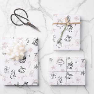 Whimsical Handgezeichnete Doodle-Weihnachten Pink Geschenkpapier Set