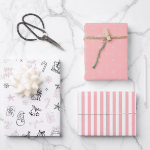 Whimsical Handgezeichnete Doodle-Weihnachten Pink Geschenkpapier Set