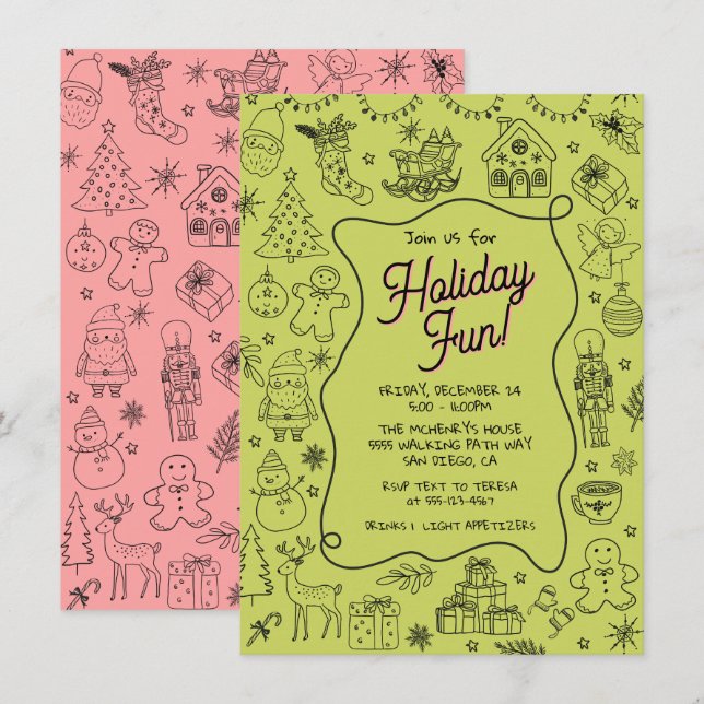 Whimsical handgezeichnete Doodle Weihnachts-Party Einladung (Vorne/Hinten)