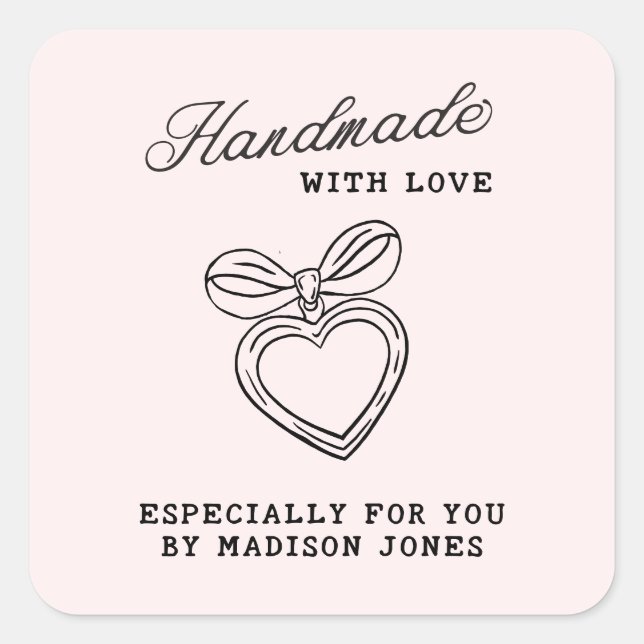 Whimsical Handmade with Love Script Heart Bow Quadratischer Aufkleber (Vorderseite)