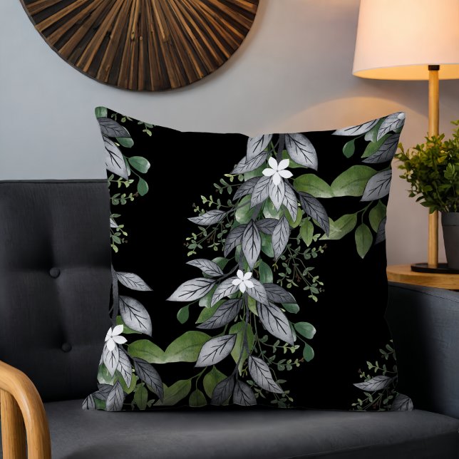 Whimsical Hanging Blume und Blätter schwarz Kissen (Von Creator hochgeladen)