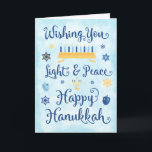 Whimsical Hanukkah Licht und Frieden Feiertagskarte<br><div class="desc">Eine jüdische Hanukkah-Theme-Karte mit einer Menorah,  Stern von David und Driedel. Der Text lautet "Wishing You Light & Peace Happy Hanukkah. Der Hintergrund ist eine hellblaue Aquarellwäsche. Personalisieren Sie die Innenseite mit Ihrer eigenen Nachricht und/oder Ihrem Firmenlogo.</div>