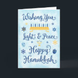 Whimsical Hanukkah Licht und Frieden Feiertagskarte<br><div class="desc">Eine jüdische Hanukkah-Theme-Karte mit einer Menorah,  Stern von David und Driedel. Der Text lautet "Wishing You Light & Peace Happy Hanukkah. Der Hintergrund ist eine hellblaue Aquarellwäsche. Personalisieren Sie die Innenseite mit Ihrer eigenen Nachricht und/oder Ihrem Firmenlogo.</div>