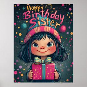 Whimsical Happy Birthday Schwester Illustration Poster
