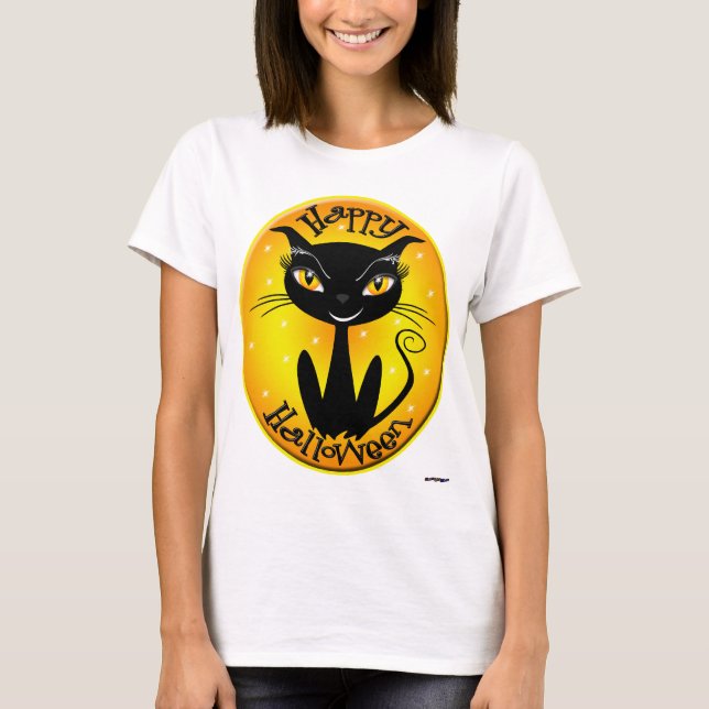 Whimsical Happy Halloween Katze mit Sternen T-Shirt (Vorderseite)
