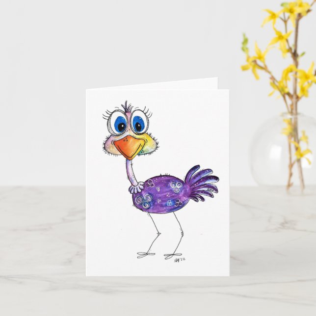 Whimsical Happy Lila Ostrich Karte (Gelbe Blume)