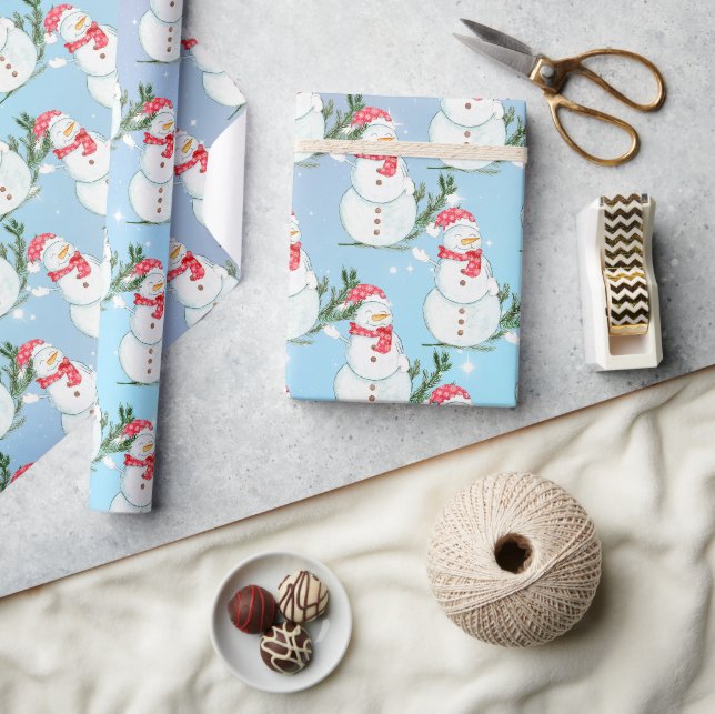 Whimsical Happy Snowmen in Snow Flurries Geschenkpapier (Kunsthandwerk)