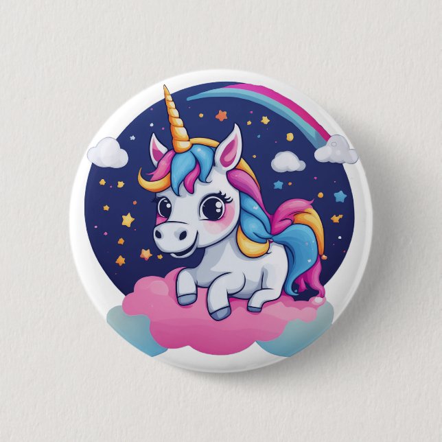 Whimsical Happy Unicorn on Pink Cloud Button (Vorderseite)