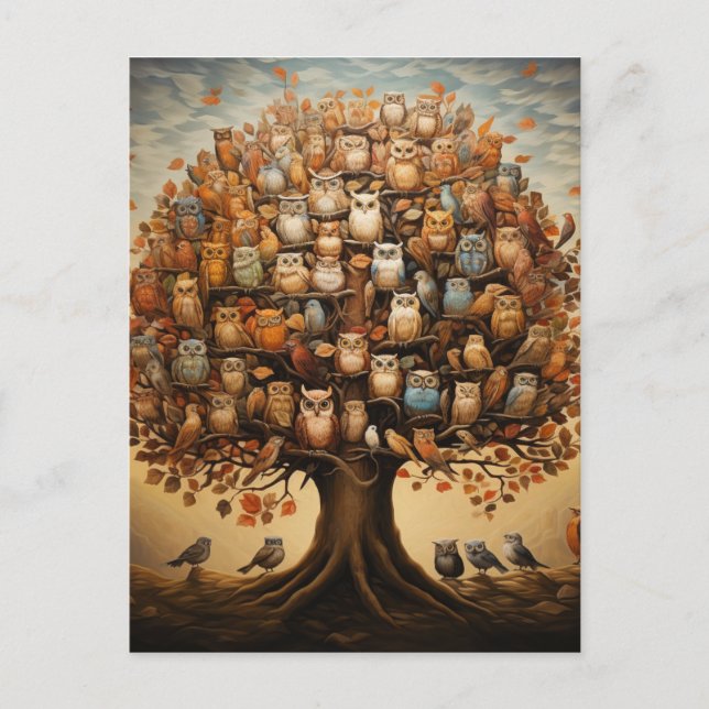 Whimsical Haven: Das Owl-geschmückte Arboretum Postkarte (Vorderseite)